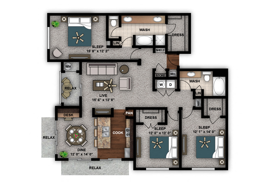 Floor plan for 3 beds, 2 baths, 1709 sqft
